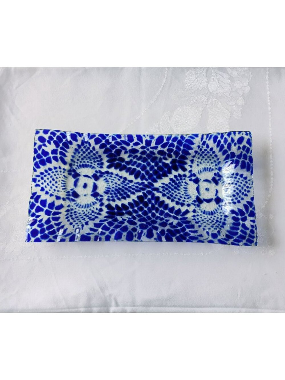 Cobalt Blue Art Fused Glass Dish, Lace Design Platter, 12" Rectangular Tray